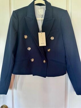 Joie Navy Double-Breasted Cropped Blazer with Gold Buttons